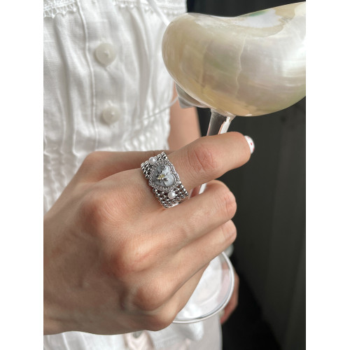 愛心寬版簡約珍珠六芒星個性開口可調節食指戒指女高級感設計戒指