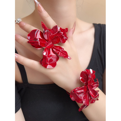歐美風誇張復古酒紅色金屬立體花朵手鐲個性設計高級感戒指首飾