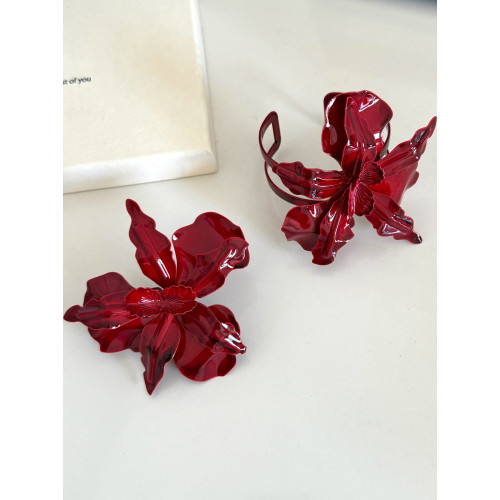 歐美風誇張復古酒紅色金屬立體花朵手鐲個性設計高級感戒指首飾