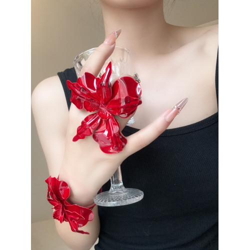 歐美風誇張復古酒紅色金屬立體花朵手鐲個性設計高級感戒指首飾