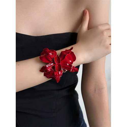 歐美復古風酒紅色花朵開口戒指臂環女小衆個性時尚誇張設計感配飾