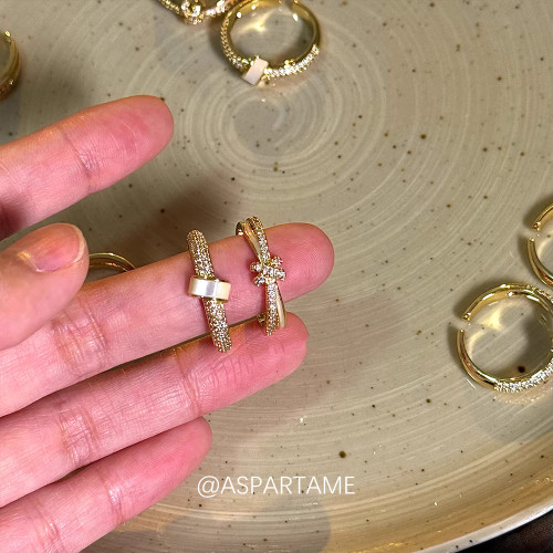 阿斯巴甜 法式溫柔白貝微鑲鋯石指環精緻設計感閃鑽高級感戒指