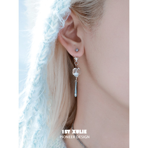 1STXULIE雪花水晶球耳釘銀針原創小衆設計耳環高級冷淡可拆卸耳飾