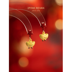 IPINK新年可愛星星金元寶耳環萌趣卡通個性耳飾喜慶紅色耳釘耳夾