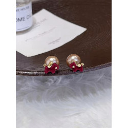 新款925銀針酒紅色植絨卡通兩戴小馬珍珠耳釘復古百搭可愛氣質女