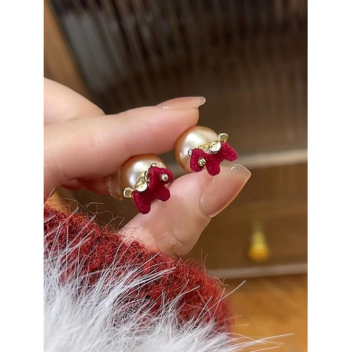 新款925銀針酒紅色植絨卡通兩戴小馬珍珠耳釘復古百搭可愛氣質女