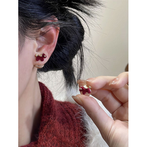 新款925銀針酒紅色植絨卡通兩戴小馬珍珠耳釘復古百搭可愛氣質女