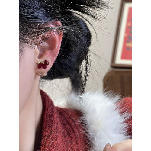 新款925銀針酒紅色植絨卡通兩戴小馬珍珠耳釘復古百搭可愛氣質女