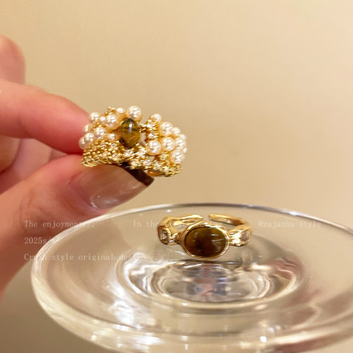 超精緻!虎眼石琥珀珍珠戒指女法式高級感貴氣食指戒誇張時尚配飾 超精緻!虎眼石琥珀珍珠戒指女法式高級感貴氣食指戒誇張時尚配飾