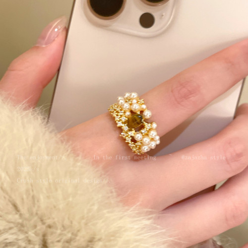 超精緻!虎眼石琥珀珍珠戒指女法式高級感貴氣食指戒誇張時尚配飾 超精緻!虎眼石琥珀珍珠戒指女法式高級感貴氣食指戒誇張時尚配飾