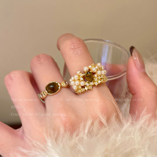 超精緻!虎眼石琥珀珍珠戒指女法式高級感貴氣食指戒誇張時尚配飾 超精緻!虎眼石琥珀珍珠戒指女法式高級感貴氣食指戒誇張時尚配飾