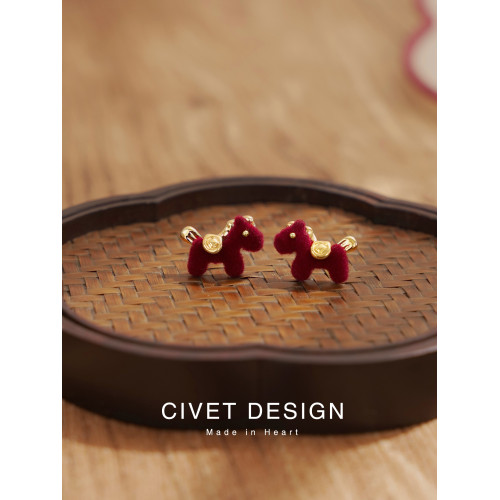 2026新年款馬上來財耳釘耳夾可愛甜美百搭紅色耳環學生無耳洞少