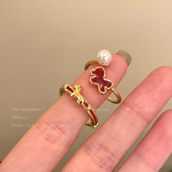 紅色小馬珍珠開口戒指女輕奢高級感曡戴食指戒馬年小衆設計感指環