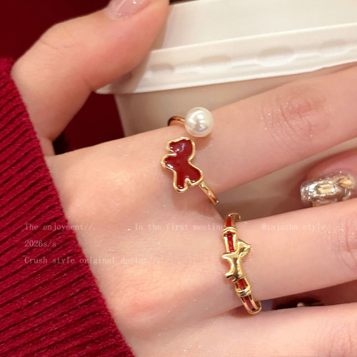 紅色小馬珍珠開口戒指女輕奢高級感曡戴食指戒馬年小衆設計感指環