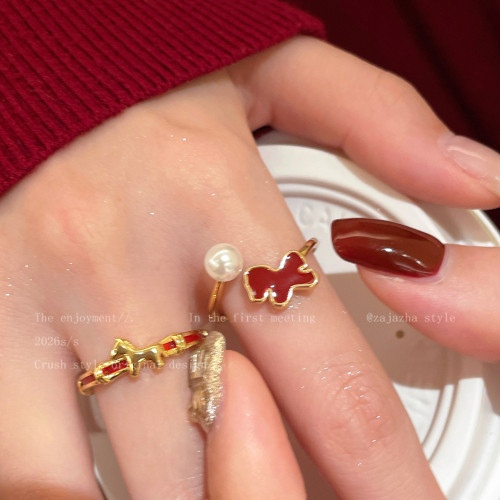 紅色小馬珍珠開口戒指女輕奢高級感曡戴食指戒馬年小衆設計感指環