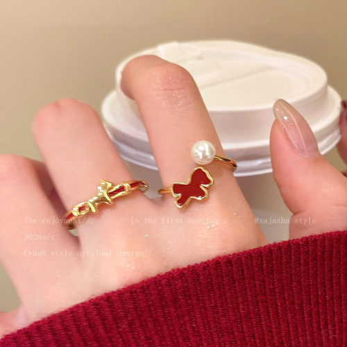 紅色小馬珍珠開口戒指女輕奢高級感曡戴食指戒馬年小衆設計感指環