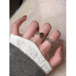 銀色中古做舊鏤空雕花虎眼石戒指女小衆設計感復古素圈食指戒