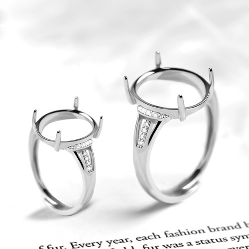 銀戒指托女款空托隨形橢圓鑲嵌琥珀蜜蠟蛋面銅鍍白金活口可調指環