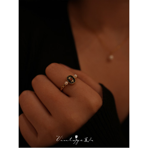 「黑金舞會」vintage法式復古高級感小衆設計百搭珍珠開口戒指女