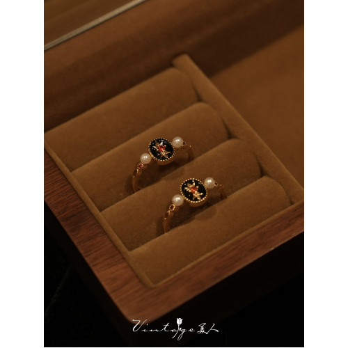 「黑金舞會」vintage法式復古高級感小衆設計百搭珍珠開口戒指女