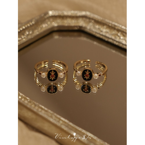 「黑金舞會」vintage法式復古高級感小衆設計百搭珍珠開口戒指女