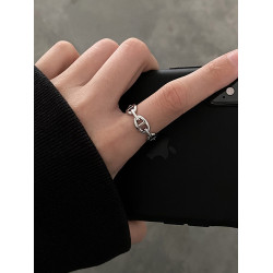 DOUDOUSTORE金屬質感豬鼻子戒指小衆設計幾何鏤空指環食指戒手飾