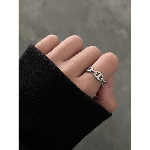 DOUDOUSTORE金屬質感豬鼻子戒指小衆設計幾何鏤空指環食指戒手飾