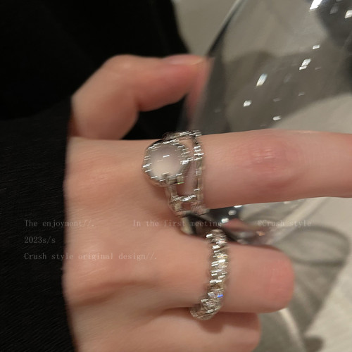 月光鋯石開口小衆設計戒指女款大號粗胖手輕奢高級曡戴裝飾食指戒