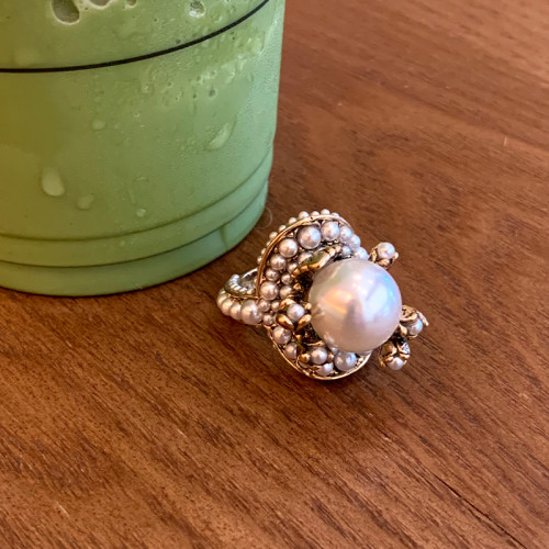 個性復古珍珠花朵戒指氣質網紅誇張食指戒日韓簡約優雅指環配飾女