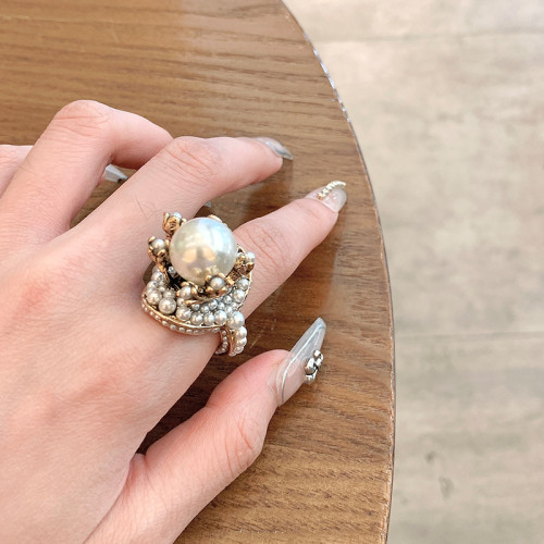 個性復古珍珠花朵戒指氣質網紅誇張食指戒日韓簡約優雅指環配飾女