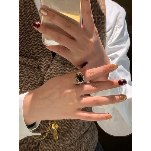 天然虎眼寶石黑瑪瑙美拉德偏財食指戒指女小衆設計輕奢高級感指環