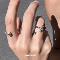 CHEALIMPID/.芒星寶石環繞戒指小衆設計嘻哈街頭潮流男女情侶指環