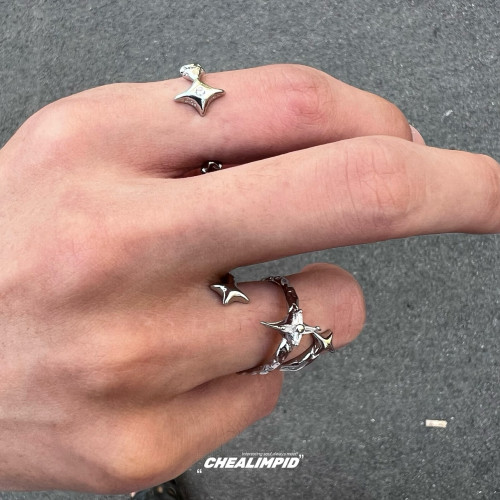 CHEALIMPID/.芒星寶石環繞戒指小衆設計嘻哈街頭潮流男女情侶指環