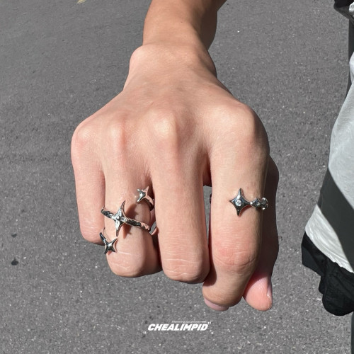 CHEALIMPID/.芒星寶石環繞戒指小衆設計嘻哈街頭潮流男女情侶指環