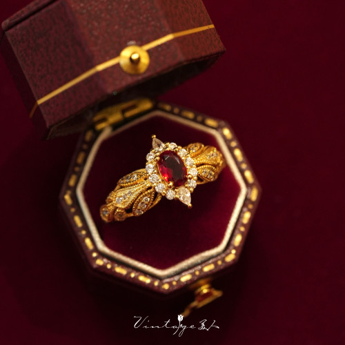 「波多黎各」法式宮廷高級感復古設計小衆閃耀顯白紅寶石開口戒指