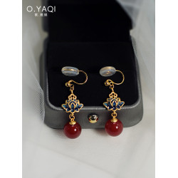 新中式國風蓮花紅瑪瑙蚊香盤耳夾古法工藝耳鉤耳環女耳飾搭配旗袍