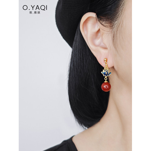 新中式國風蓮花紅瑪瑙蚊香盤耳夾古法工藝耳鉤耳環女耳飾搭配旗袍