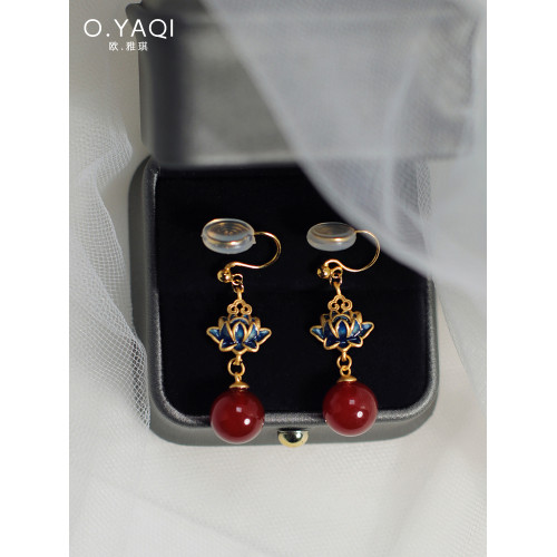 新中式國風蓮花紅瑪瑙蚊香盤耳夾古法工藝耳鉤耳環女耳飾搭配旗袍