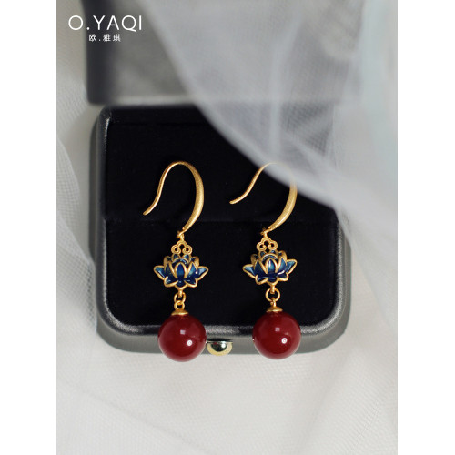 新中式國風蓮花紅瑪瑙蚊香盤耳夾古法工藝耳鉤耳環女耳飾搭配旗袍