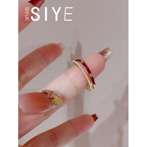 SUYUE  法式復古酒紅珍珠戒指雙層閃鑽輕奢食指戒小衆高級感指環