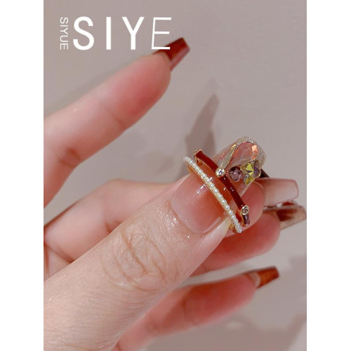 SUYUE  法式復古酒紅珍珠戒指雙層閃鑽輕奢食指戒小衆高級感指環