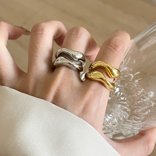 小衆設計不規則鏤空波浪弧形開口戒指輕奢高級感簡約獨特素圈指環