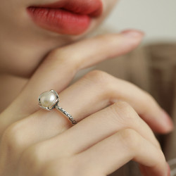 925銀復古簡約氣質珍珠花苞戒指環開口可調節小衆設計輕奢高級感