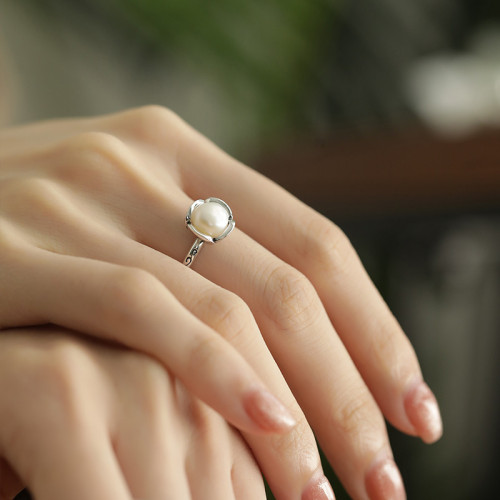 925銀復古簡約氣質珍珠花苞戒指環開口可調節小衆設計輕奢高級感 925銀復古簡約氣質珍珠花苞戒指環開口可調節小衆設計輕奢高級感