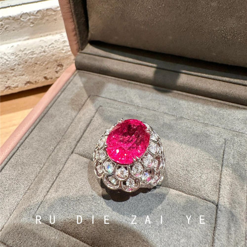 如蝶在野 桃紅玫瑰 爆閃玫紅鴿子蛋滿鑽戒指女輕奢高級重工開口戒 如蝶在野 桃紅玫瑰 爆閃玫紅鴿子蛋滿鑽戒指女輕奢高級重工開口戒
