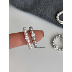 新品施家強光珍珠戒指 高級感方形鋯石鑽戒指指環小衆精緻輕奢風