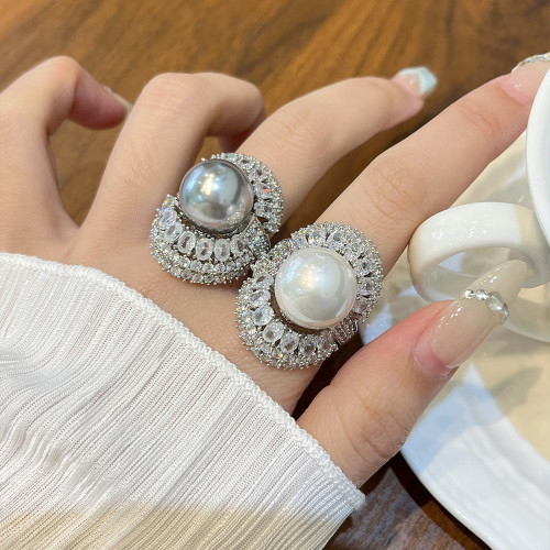 大谿地色珍珠戒指女法式設計滿鑽大顆粒食指戒高級感氣質鋯石指環