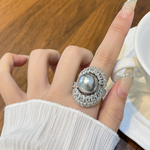 大谿地色珍珠戒指女法式設計滿鑽大顆粒食指戒高級感氣質鋯石指環