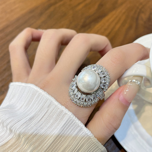 大谿地色珍珠戒指女法式設計滿鑽大顆粒食指戒高級感氣質鋯石指環