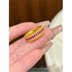 鋪家同款保色沙金點鑽紅寶石戒指女食戒培育輕奢鑲嵌三排指環高級